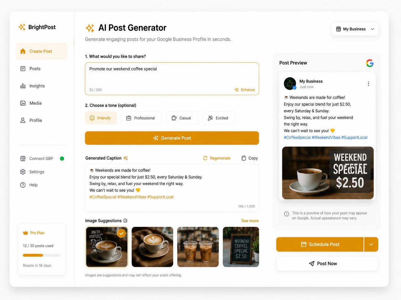 Vizogen AI post generator creating a Google Business Profile update