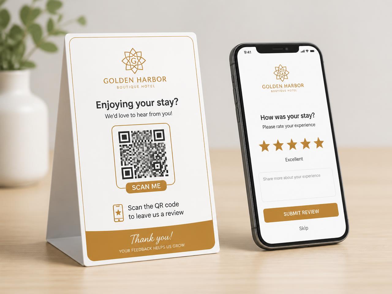 Branded Magic QR review stand next to a phone showing a star rating screen