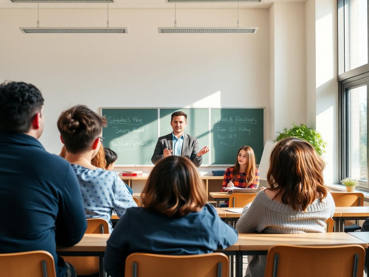 Teacher taking a class in a bright modern coaching classroom