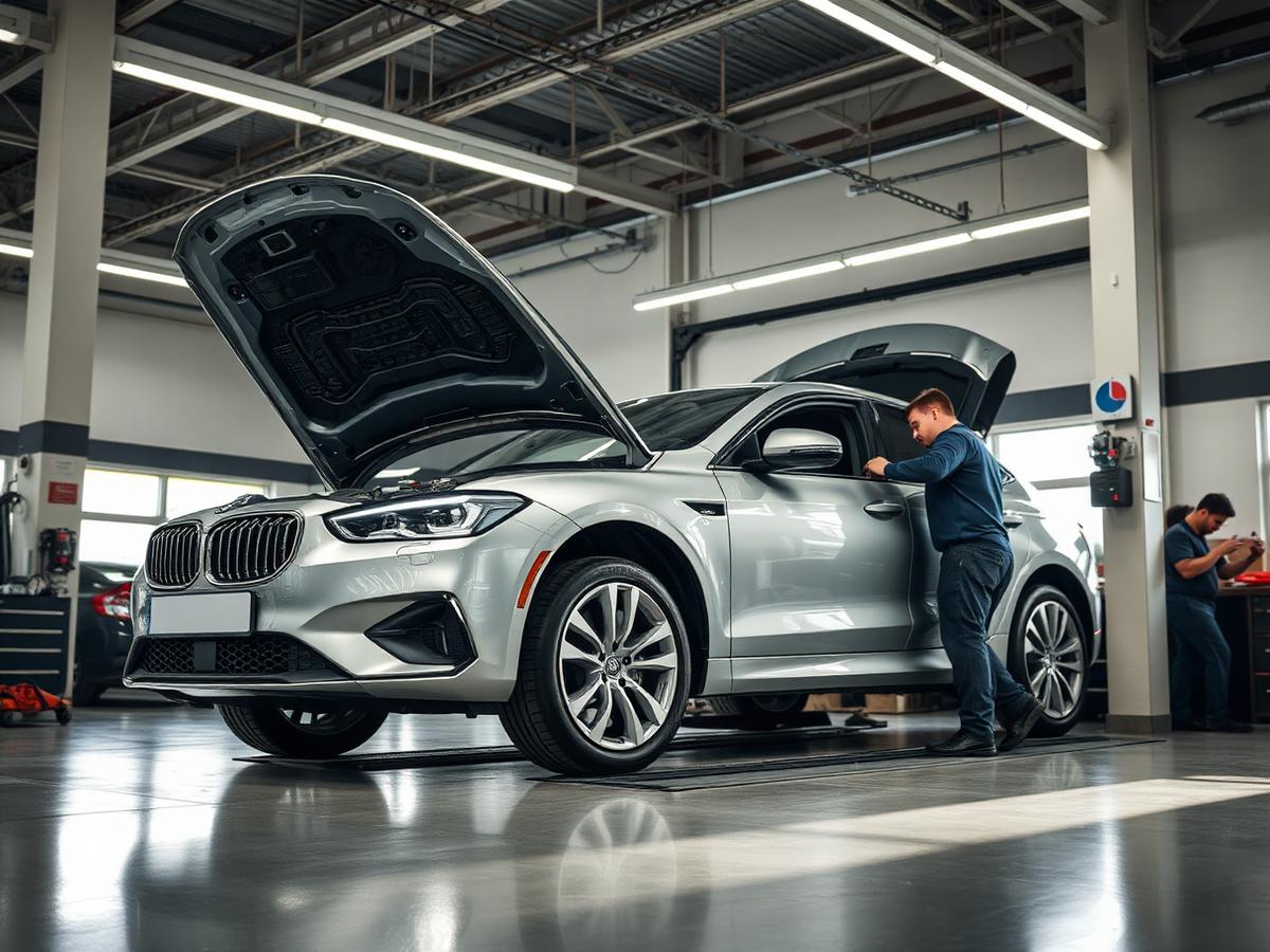 Mechanic servicing a car inside a clean modern garage