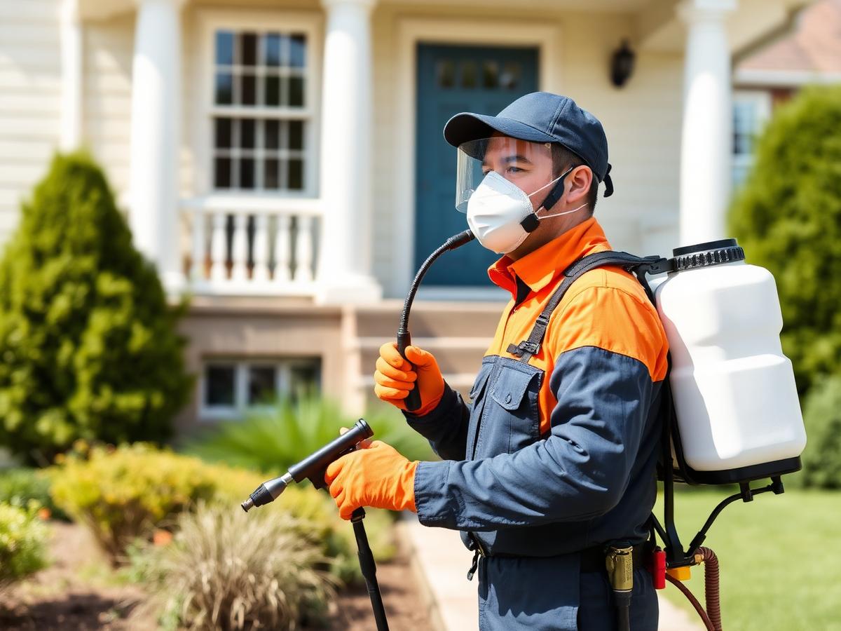 Pest control technician with spray equipment at a home