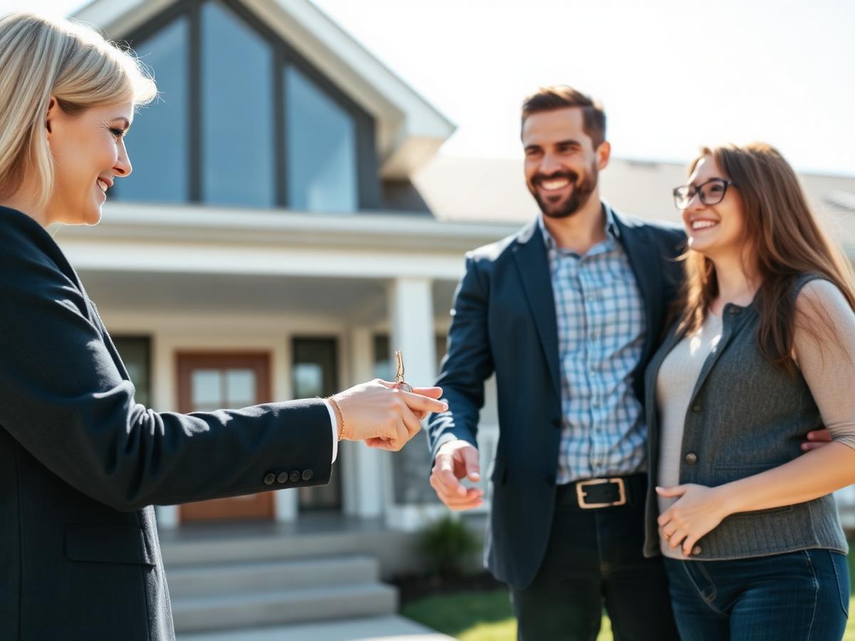 Real estate agent handing keys to a happy couple