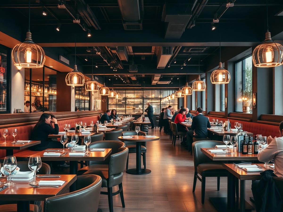 Stylish restaurant interior with set tables and warm lighting