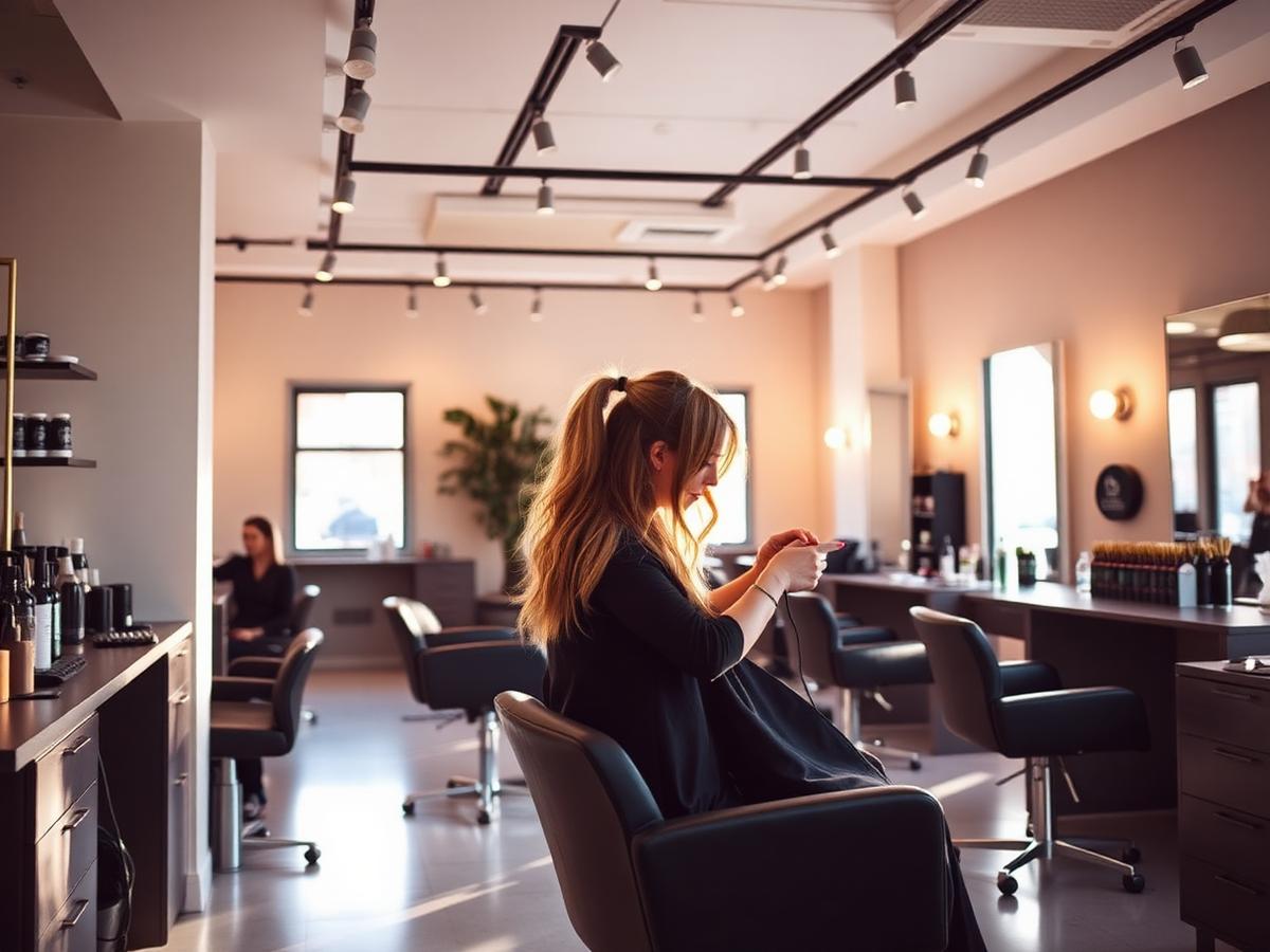 Stylist working with a client inside a bright modern salon