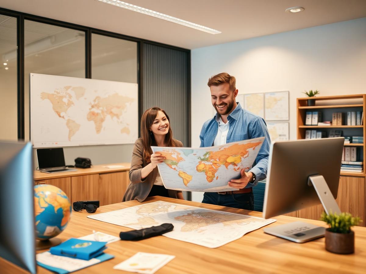 Travel agent planning a trip with customers at a bright office