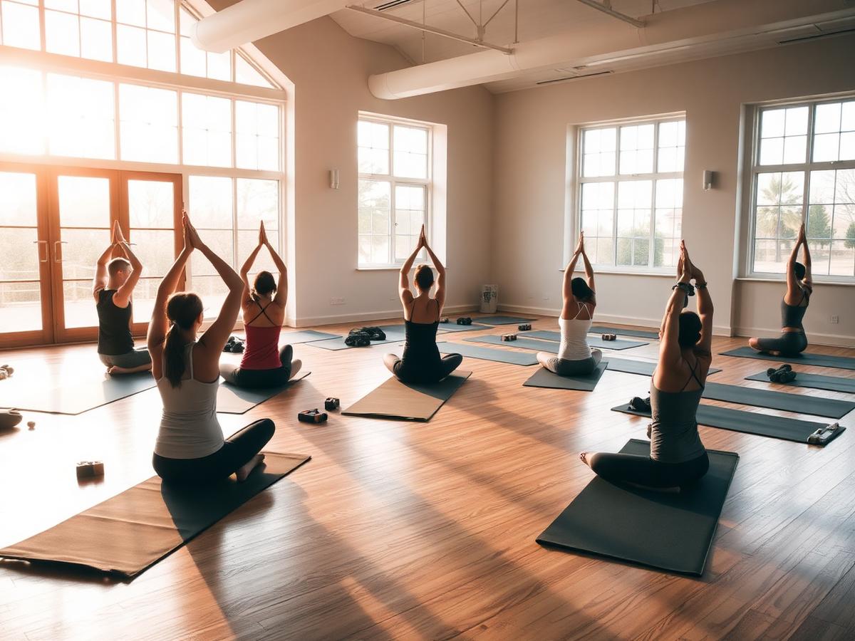 Yoga class practicing in a sunlit studio